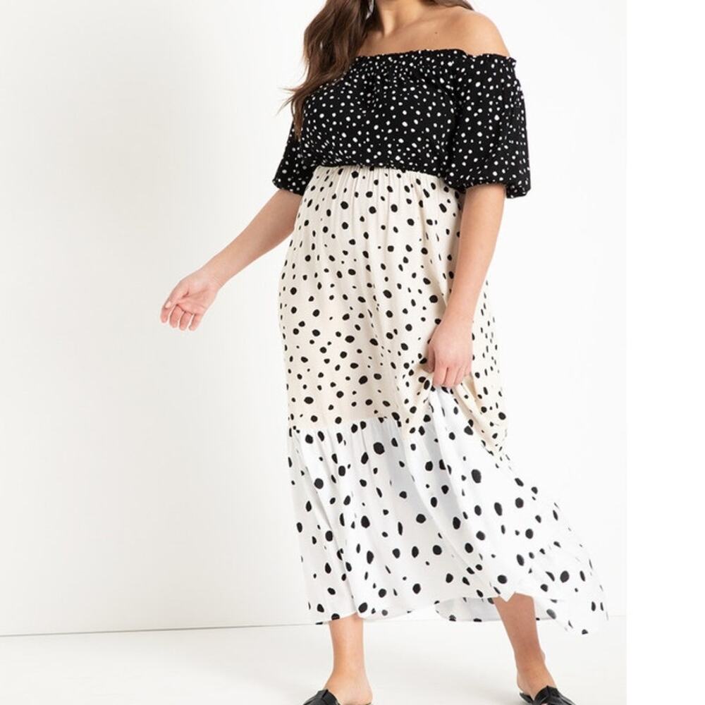 Eloquii (20) Colorblock Polka Dot Off Shoulder Maxi Dress NWT Dopamine Dressing